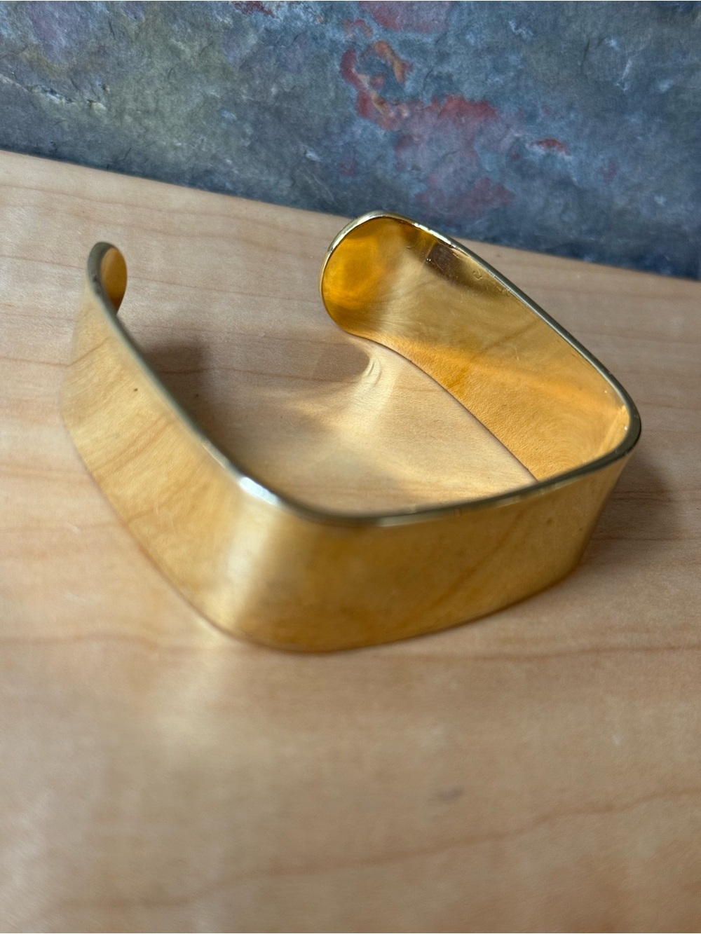 Wide Gold Tone Cuff Bracelet, square shape, open back, J. Crew. Scratches noted